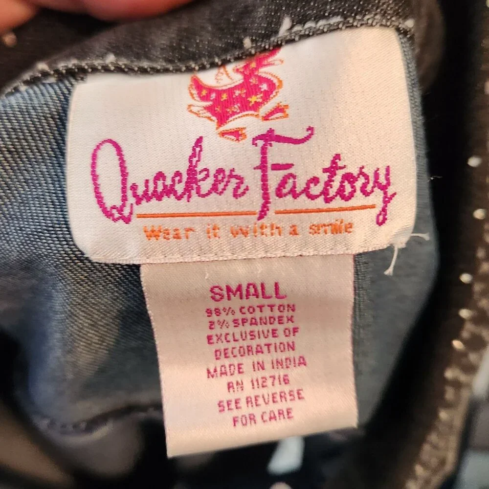 Vintage Y2K 2000s Quacker Factory Denim Jean Jacket Small Studded Collar Sequin
